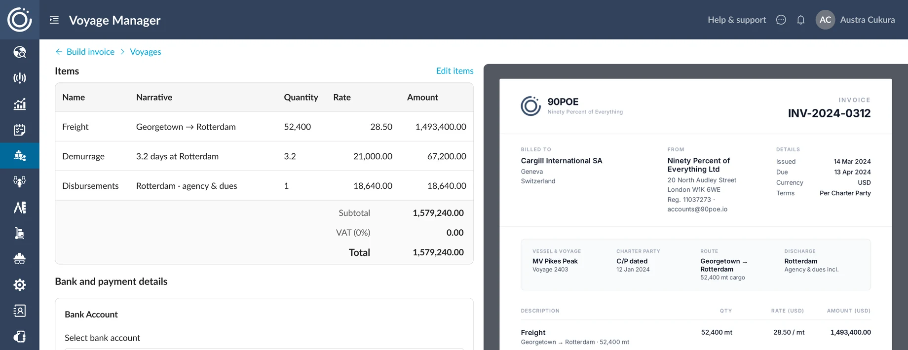 The 90POE Voyage Manager invoice builder — the line items and the shipped invoice document side by side