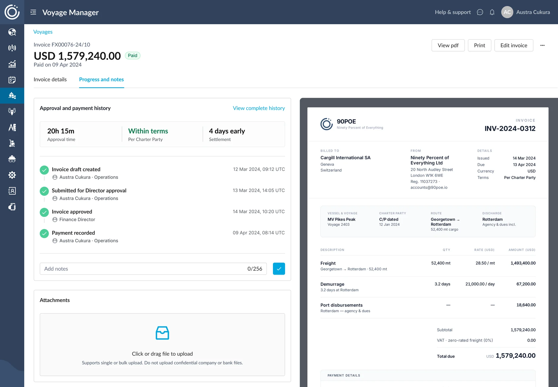 The Voyage Manager invoice view, approval and payment history on one rail beside the generated invoice document.