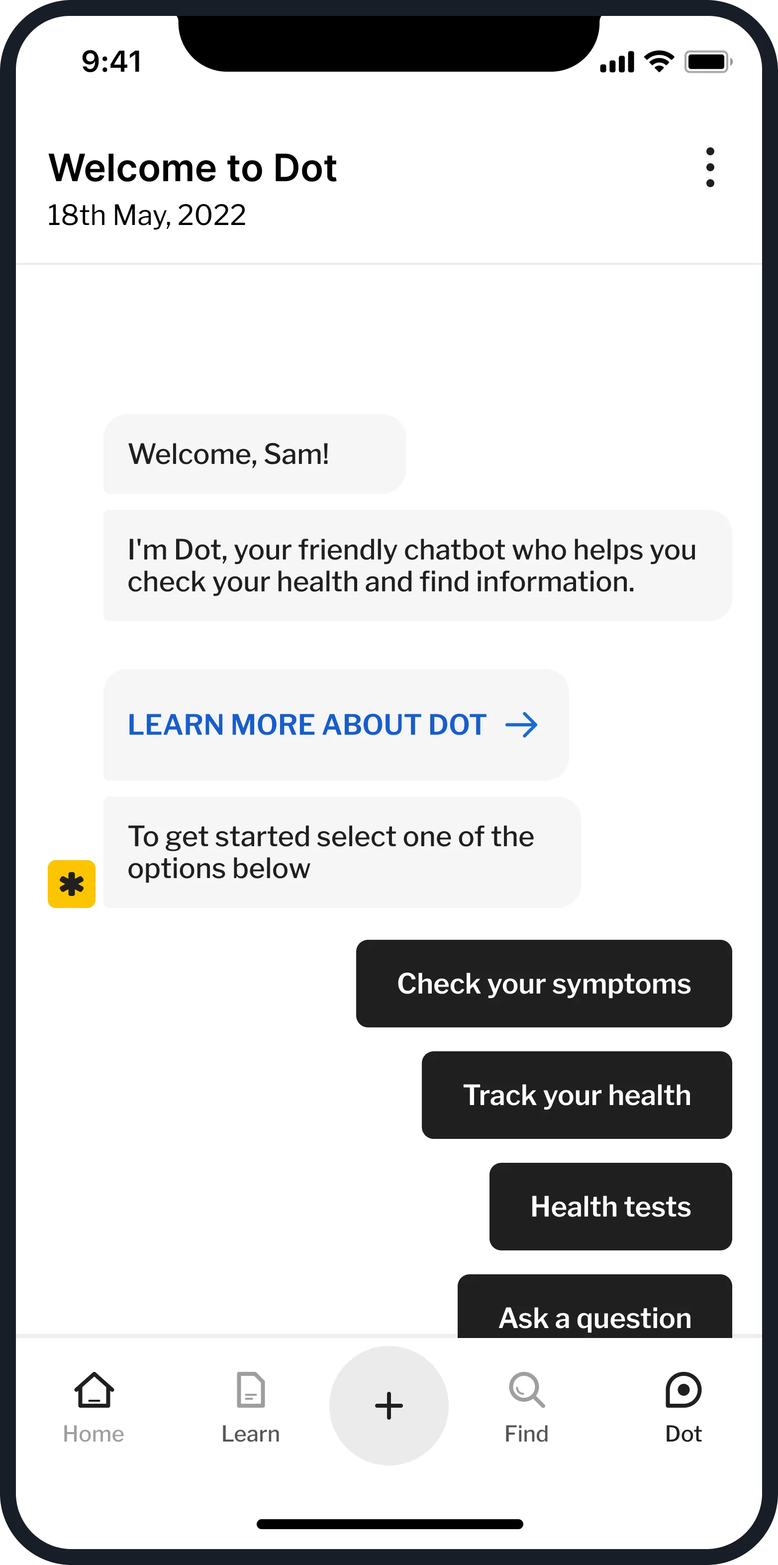 The Dot chat: Dot greets Sam and offers options to check symptoms or ask a question.