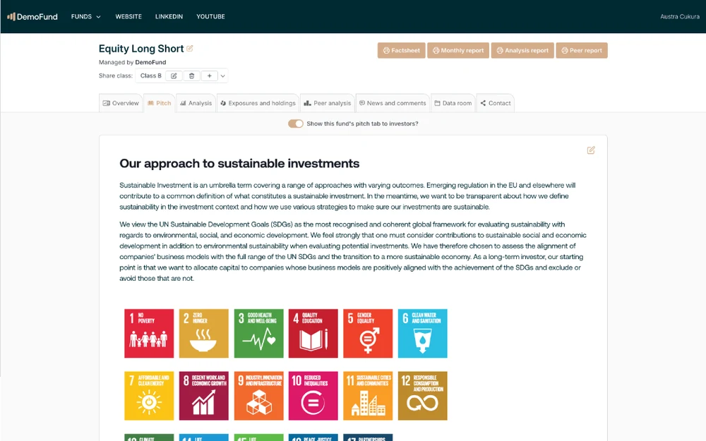 The Pitch tab: the manager's sustainable-investment approach.