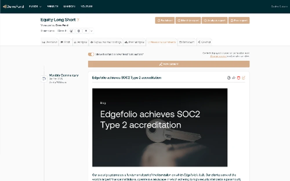 The News and comments tab: a blog-style feed of fund updates.