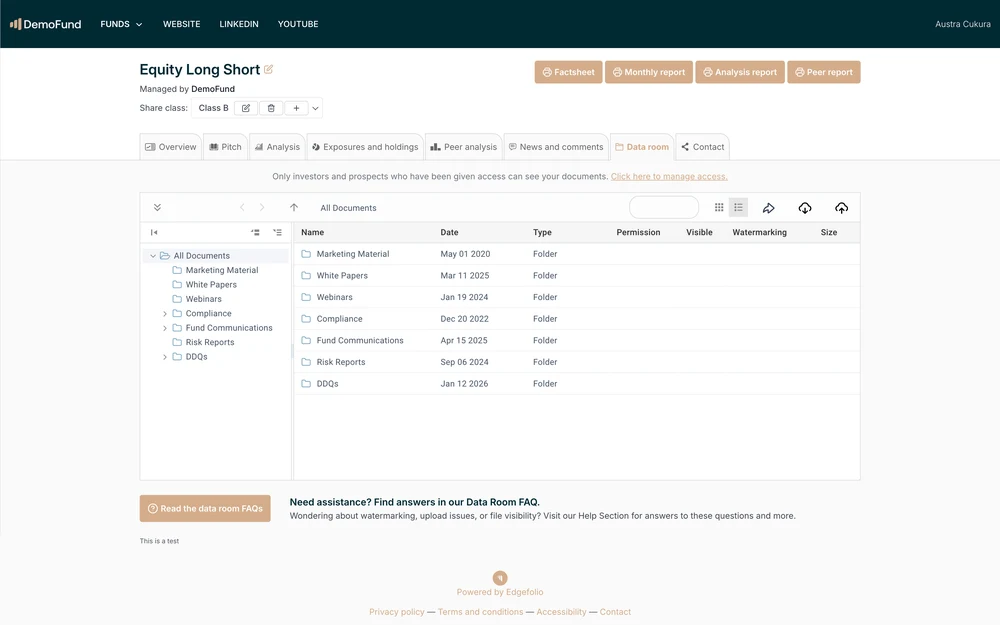 The Data room tab: a folder tree and file table of fund documents.