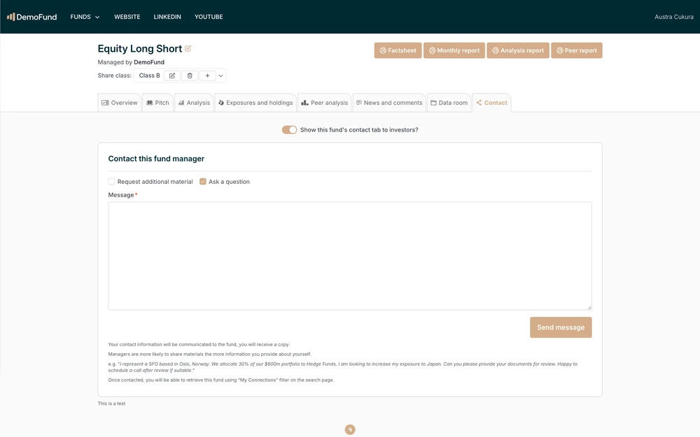 The Contact tab: a message form to reach the fund manager.