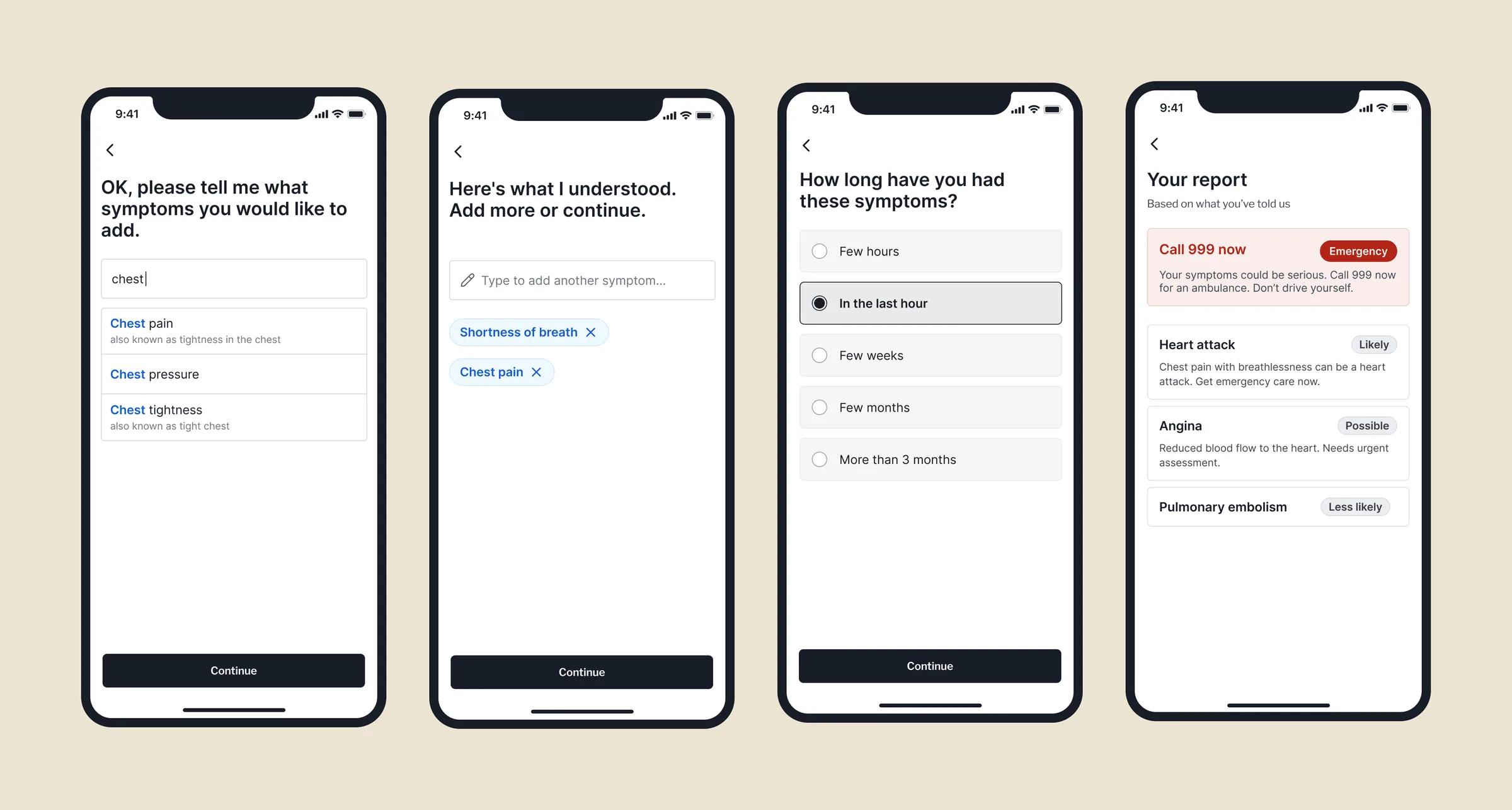 Four phone screens from a chest-pain consultation: symptom entry with autocomplete, the confirmed symptoms, how long they have lasted, and an emergency report headed 'Call 999 now'.
