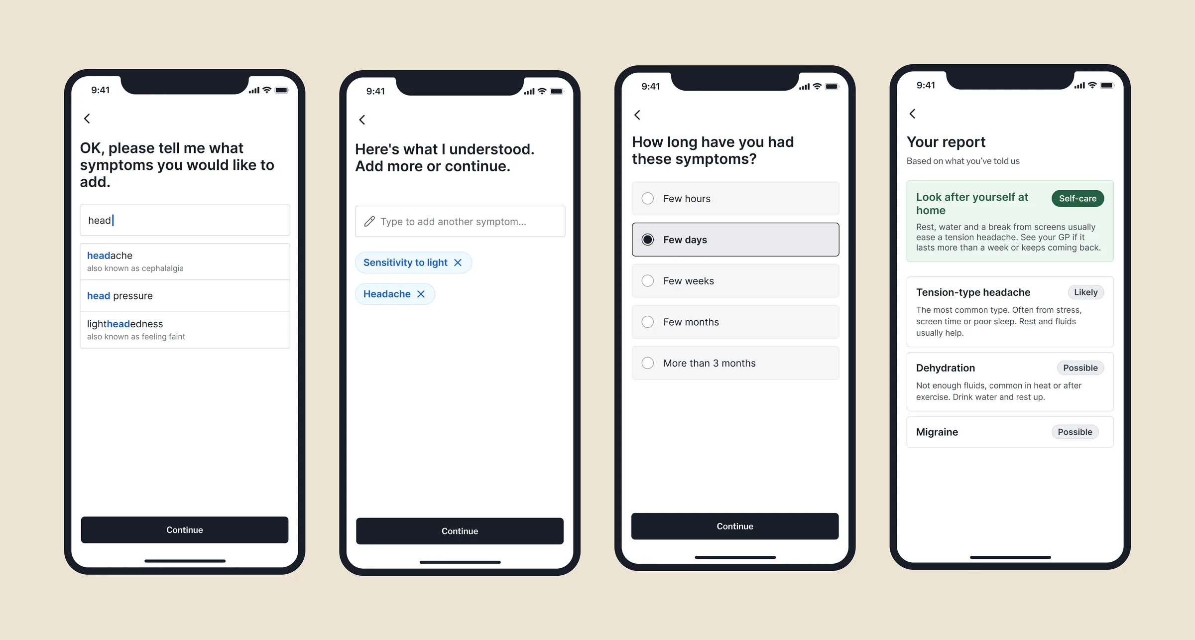 Four phone screens from a headache consultation: symptom entry with autocomplete, the confirmed symptoms, how long they have lasted, and a self-care report headed 'Look after yourself at home'.