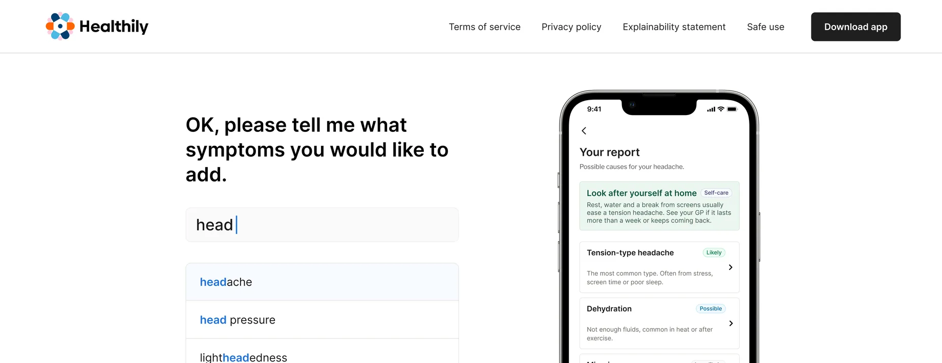 Healthily — adding a symptom, with the report screen showing likely and possible causes