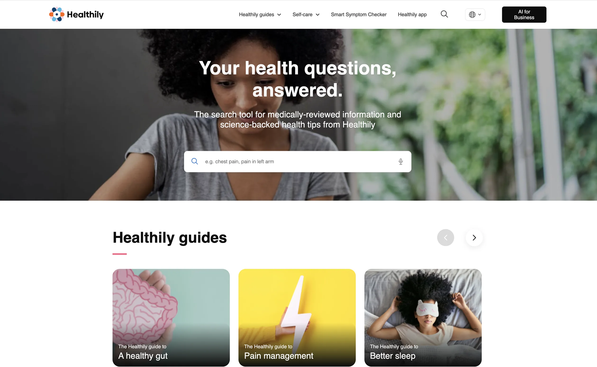 The public Healthily website: a search hub headed 'Your health questions, answered' above a row of Healthily guide cards for gut health, pain management and sleep.