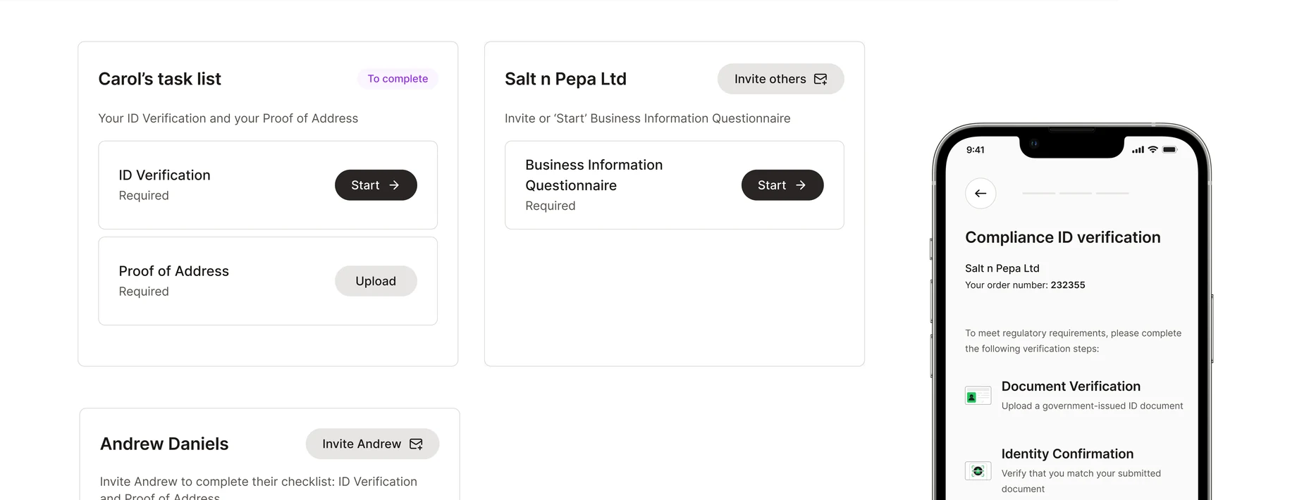 The Self-Service compliance portal: a client onboarding task list with ID verification, proof of address and team invites, beside the mobile ID verification step