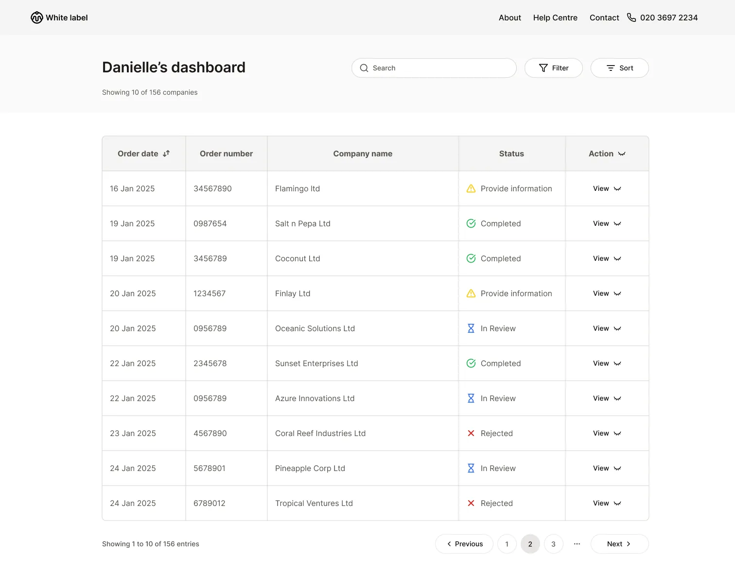 Danielle's dashboard, the white-label partner view: a table of client companies with order date, order number, company name and a live compliance status for each, Completed, In Review, Provide information or Rejected, with search, filter and sort above.
