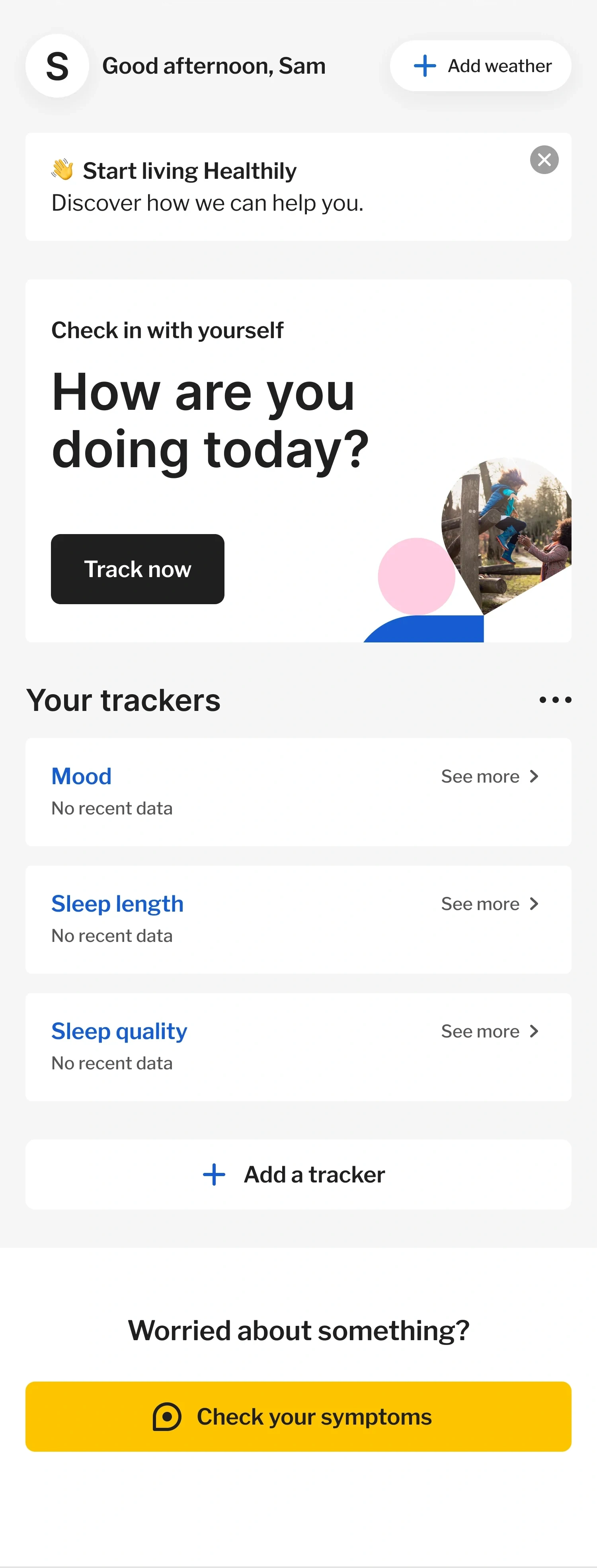 The Healthily app tracker, scrolling through mood, sleep length and sleep quality.